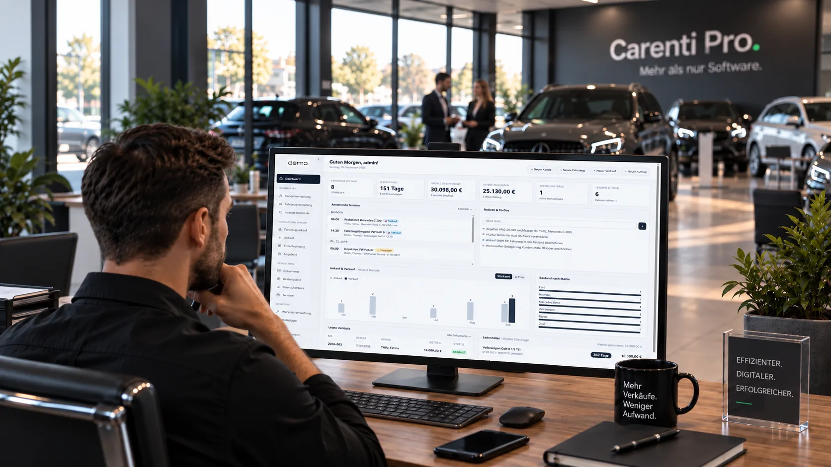 Autohändler arbeitet im Autohaus am Carenti Pro Dashboard