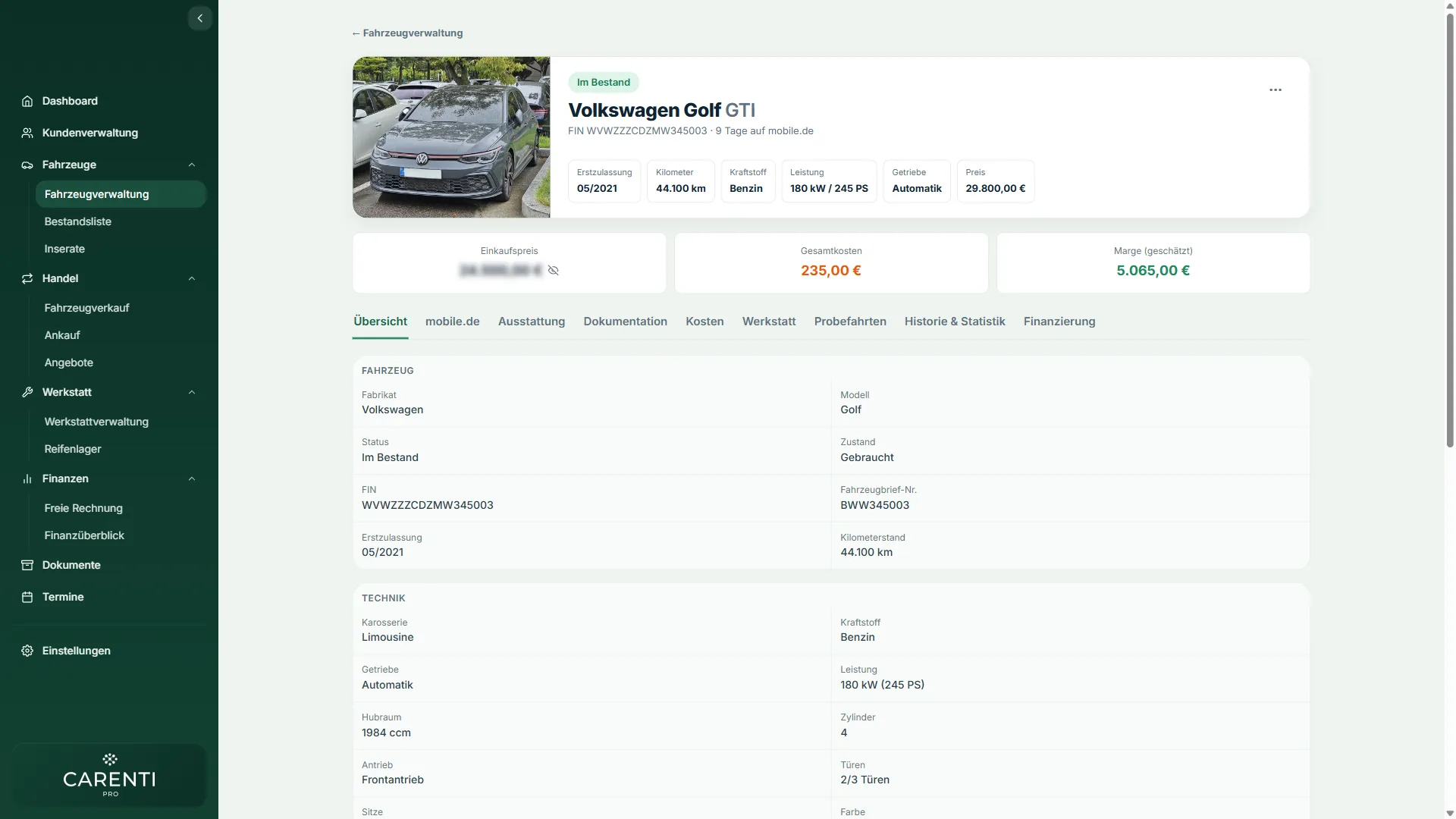 Übersicht einer Fahrzeugakte in Carenti Pro