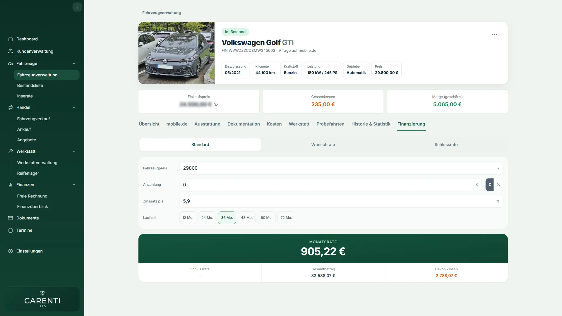 Finanzierungsrechner in der Fahrzeugakte von Carenti Pro