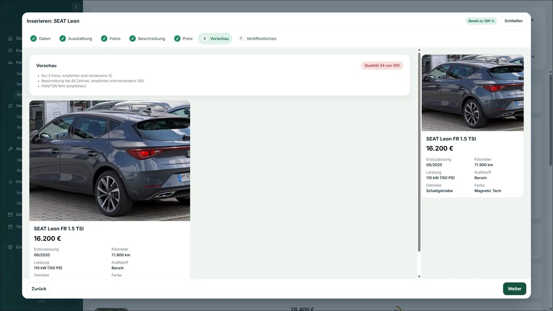 Vorschau des mobile.de-Inserats mit Qualitätswert und Hinweisen im Assistenten