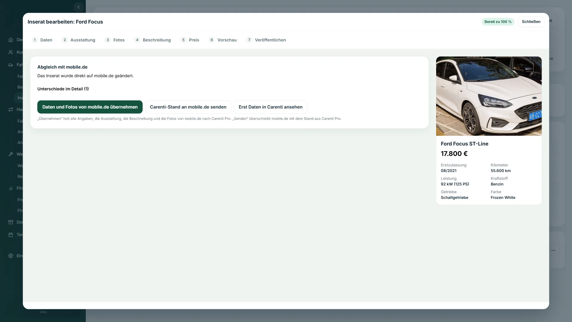Abweichung zwischen Carenti Pro und mobile.de, mit Auswahl welcher Stand gilt